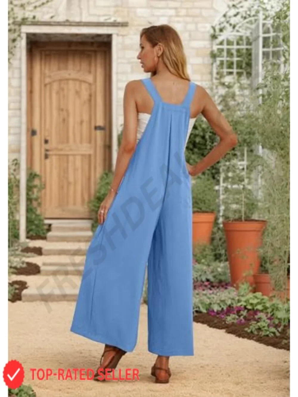 Women's Wide Leg Overalls Jumpsuit Sleeveless Romper with Pockets Boho Casual